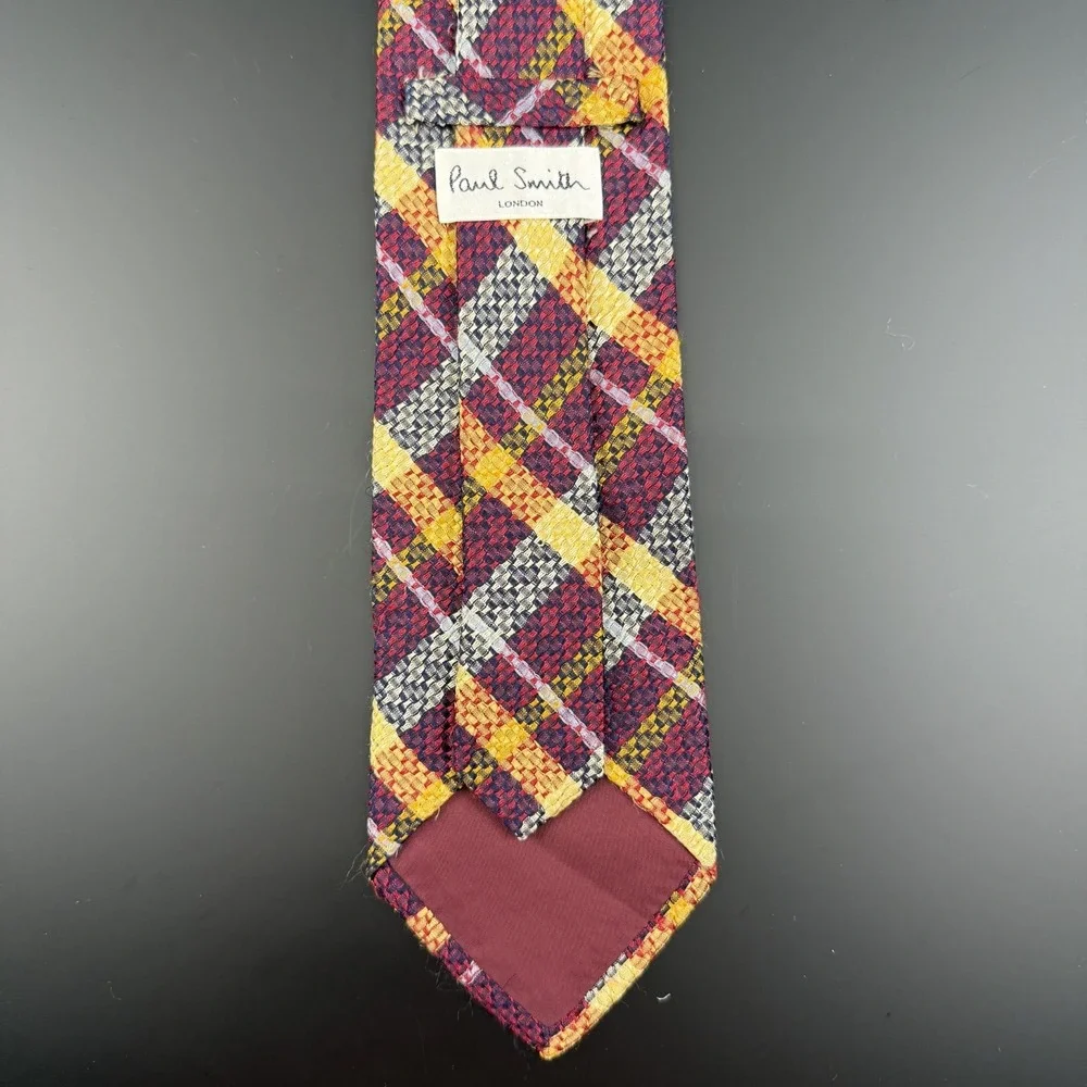 Paul Smith London Silk Tie Woven Plaid Check Multi Color Red Yellow Blue England
